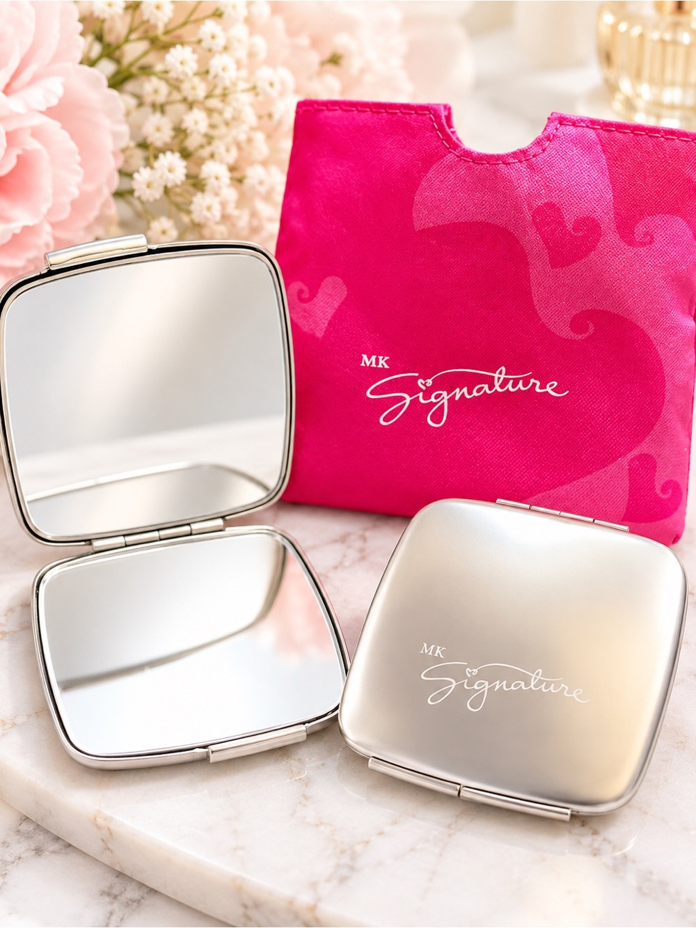 New Mary Kay MK Signature Double Compact Mirror with Pink Pouch
